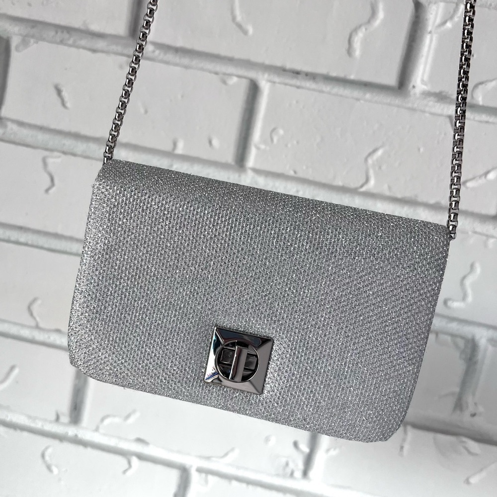 Kelly & Katie Mini Flap Clutch Silver with Silver Chain NWOT